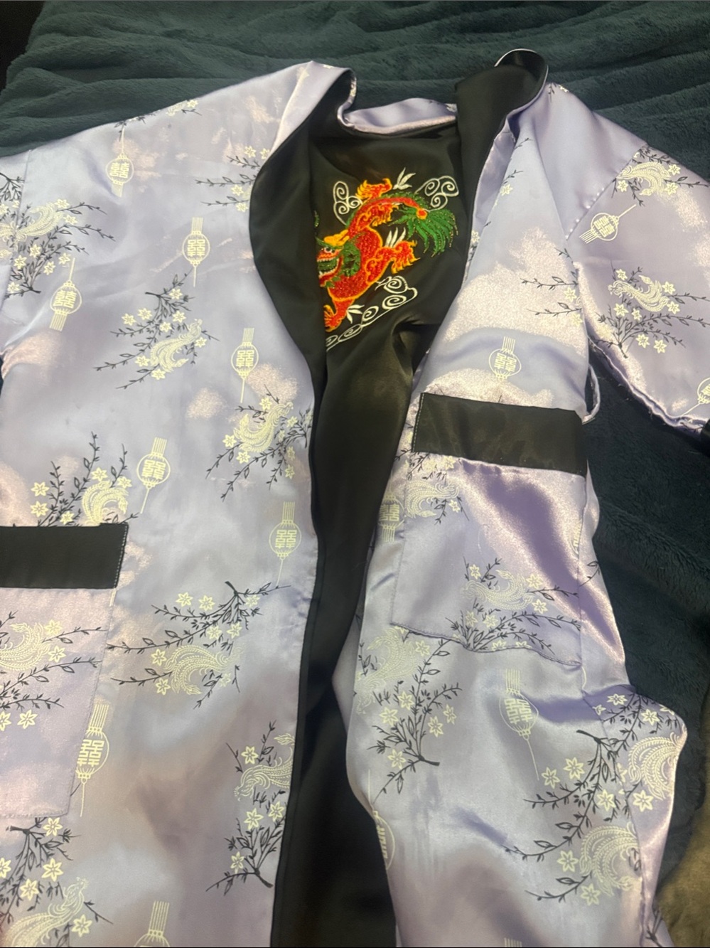 Lavender Satin Embroidered Kimono Jacket with Dragon Accent